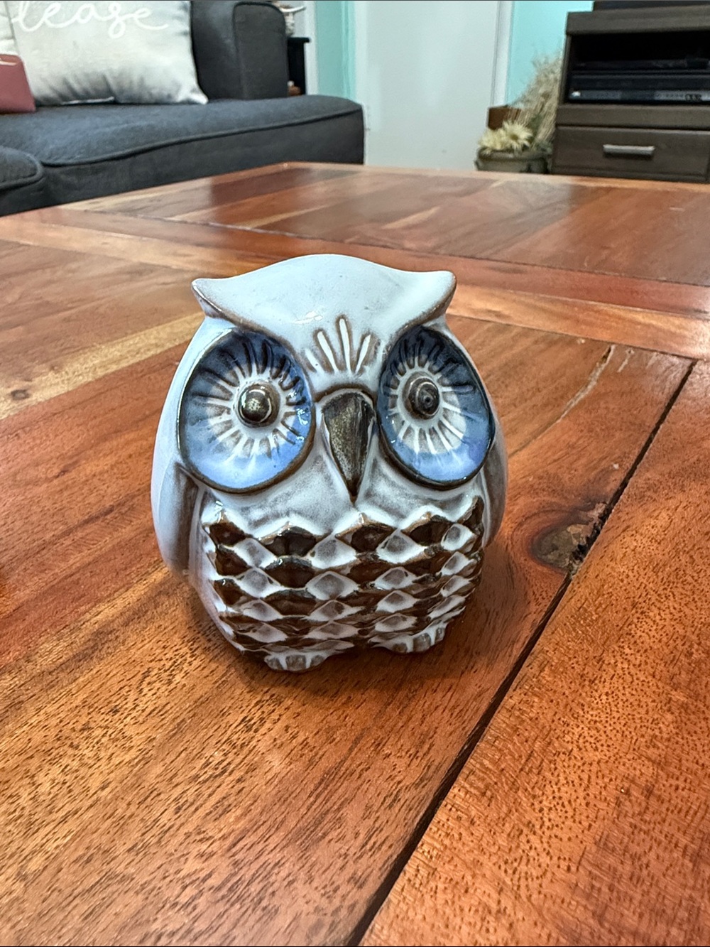 Vintage Otagiri Ceramic Owl Figurine in Blue, Brown, and White 3" - Chunky